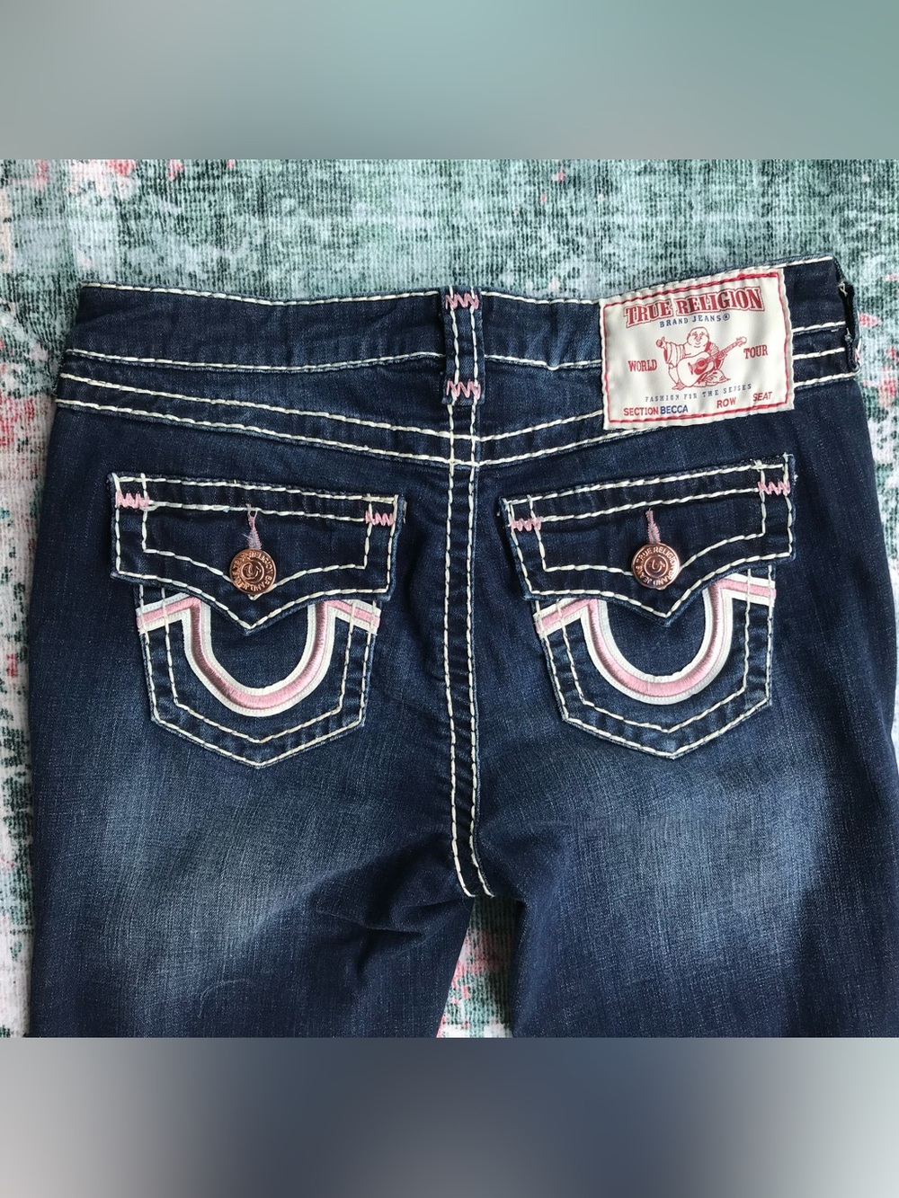 True Religion Women's Dark Blue Boot Cut Jeans with Pink Accent Stitching - Picture 3 of 11